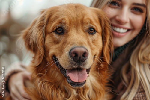 Woman hugging a happy Golden Retriever dog outdoors