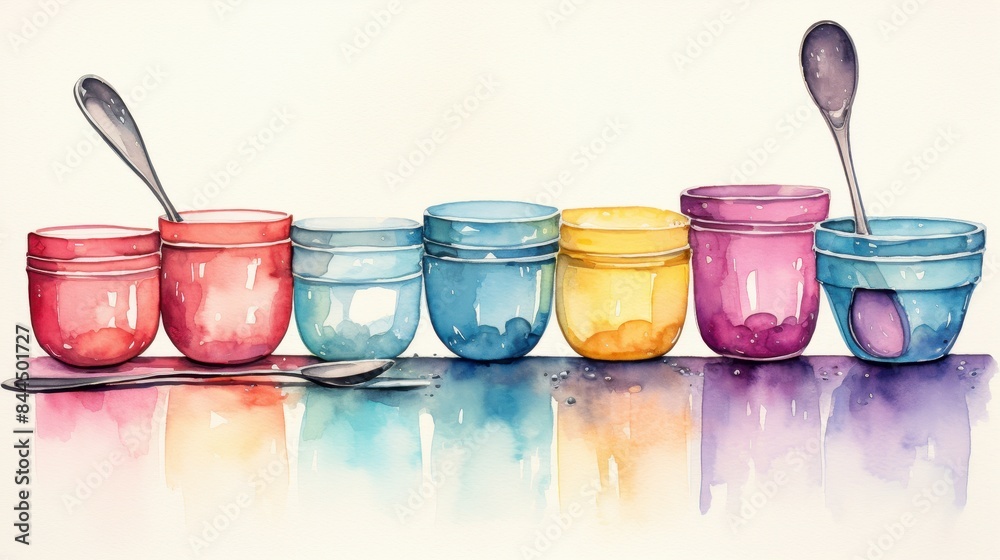 A watercolor of measuring cups and spoons clipart, isolated on white background