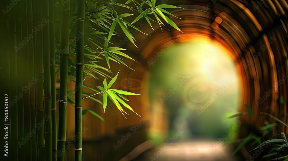 Obraz premium Serene bamboo forest with sunlight filtering through a tunnel, creating a peaceful and tranquil natural scene.