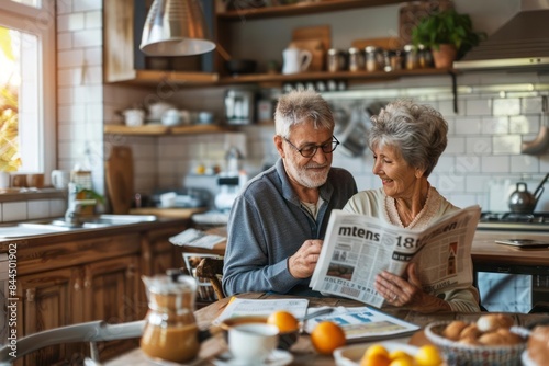 A mature couple in cozy pajamas sharing a smile over a morning cup of coffee with a newspaper open between them on the kitchen table