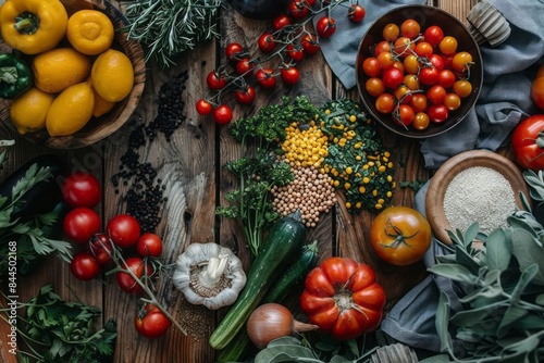 A beautifully arranged plant based meal on a rustic wooden table featuring colorful vegetables grains and legumes emphasizing healthy and sustainable eating