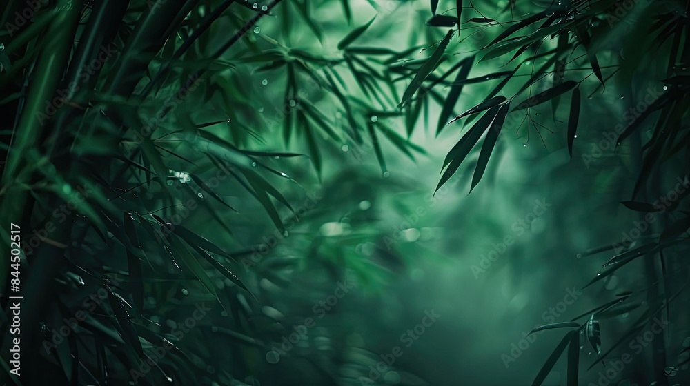 Fototapeta premium Serene bamboo forest with lush green leaves and soft natural light, creating a peaceful and tranquil atmosphere.
