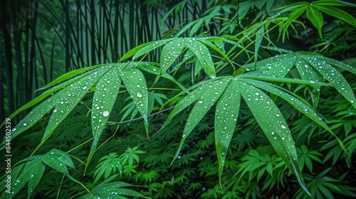 Close-up of fresh green leaves with water droplets in a serene bamboo forest, showcasing the beauty and tranquility of nature. photo