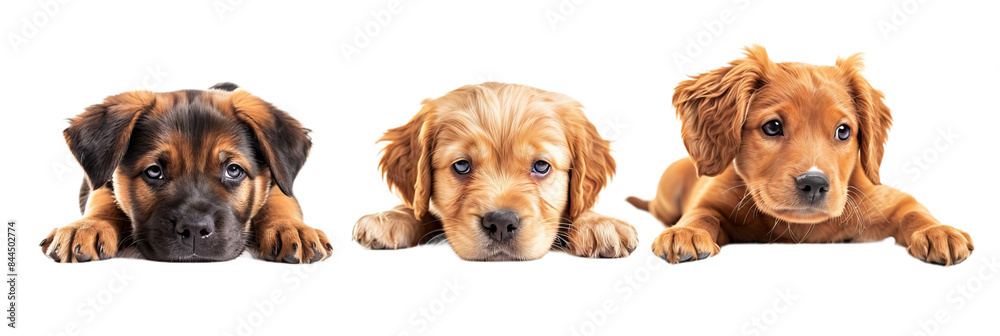 group of 3 cute puppies, closeup cutout isolated on white background