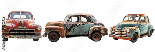 set of 3 rusty, vintage clunker cars, cutout isolated on white and transparent png background photo