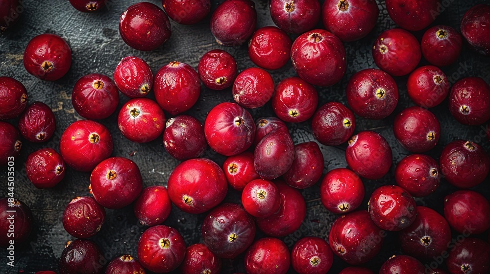 Cranberries scattered across black countertop, beside bowl Cranberries scattered across black countertop, beside bowl