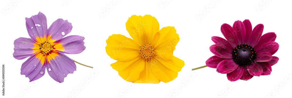set of 3 colorful blooming flowers isolated on white and transparent background set of 3 colorful blooming flowers isolated on white and transparent background