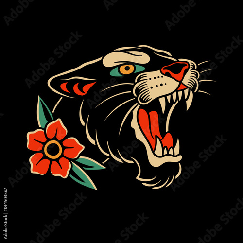 traditional tattoo, panther tattoo, vintage tattoo design element, old school tattoo