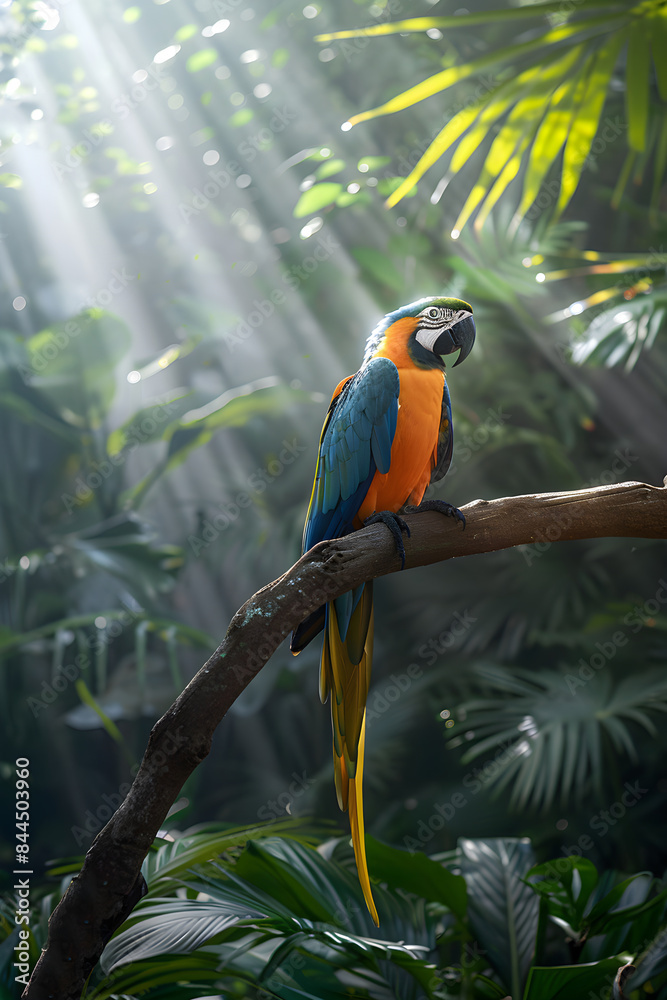 Obraz premium Vibrant Parrot Perched in a Tropical Rainforest Setting