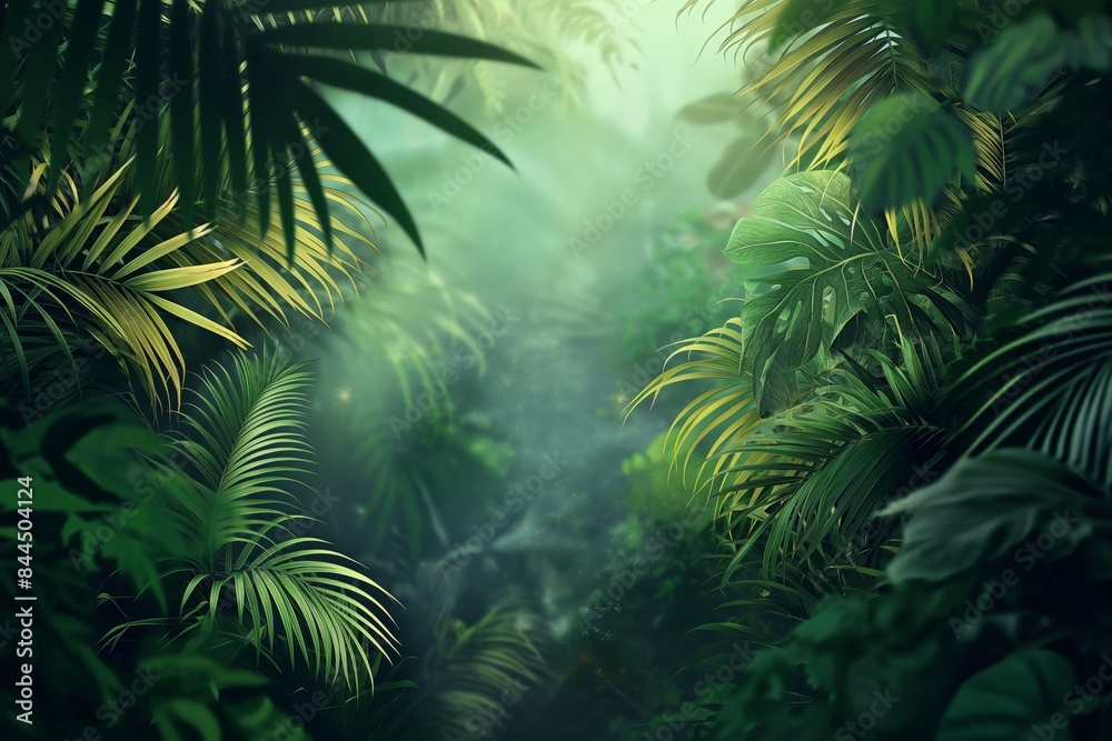 Mystical fog amongst vibrant green foliage in a dense jungle scene Mystical fog amongst vibrant green foliage in a dense jungle scene