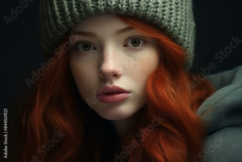 Close-up portrait of a woman with red hair and a green knit hat against a dark background