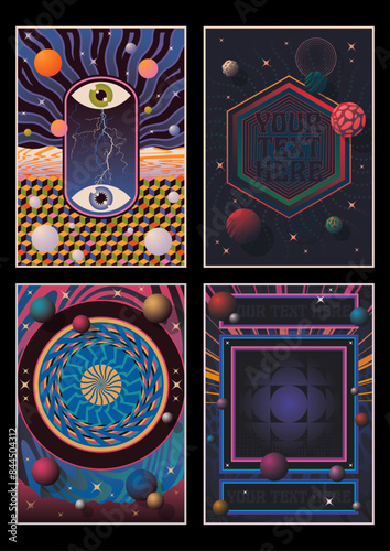 Psychedelic Art, Abstract Backgrounds. Templates for Posters, Covers, Illustrations. Colorful Gradients, Geometric Shapes, Eyes, Lightnings, Hexagon, Concentric Circles, Mirror Mosaic