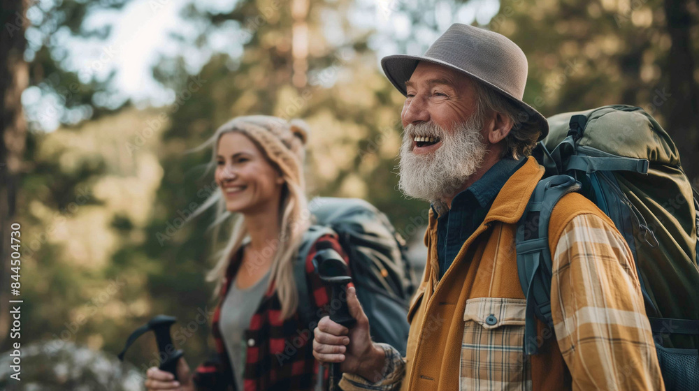 happy mature couple hiking in a forest happy mature couple hiking in a forest