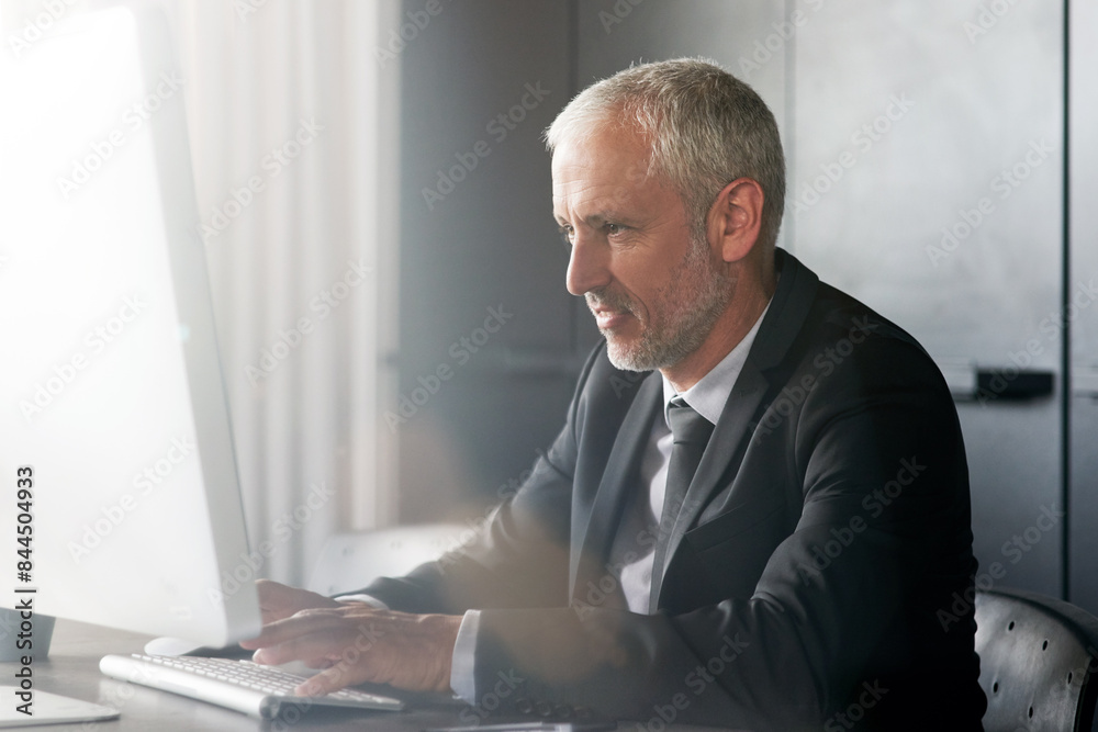 Businessman, mature and working on computer in office, attorney and email client on case progress in law firm. Typing, networking and search for pleadings, professional and internet for legal advice Businessman, mature and working on computer in office, attorney and email client on case progress in law firm. Typing, networking and search for pleadings, professional and internet for legal advice