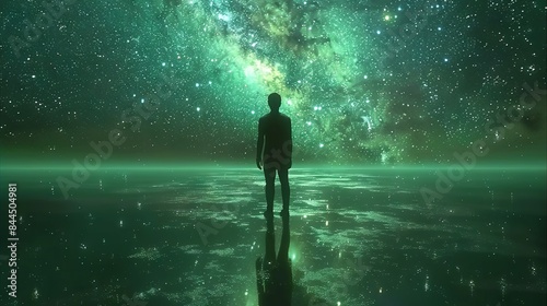   A man standing in a body of water beneath a star-filled night sky, surrounded by the milkiness of the cosmos