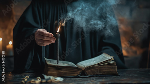 Fortune telling and witchcraft concept. Close-up of witch wizard casting spells on a spell book and wielding a black wand. photo