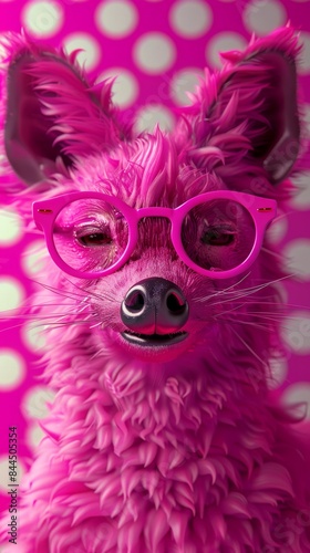 a pink furry dog wearing glasses and a polka dot background
