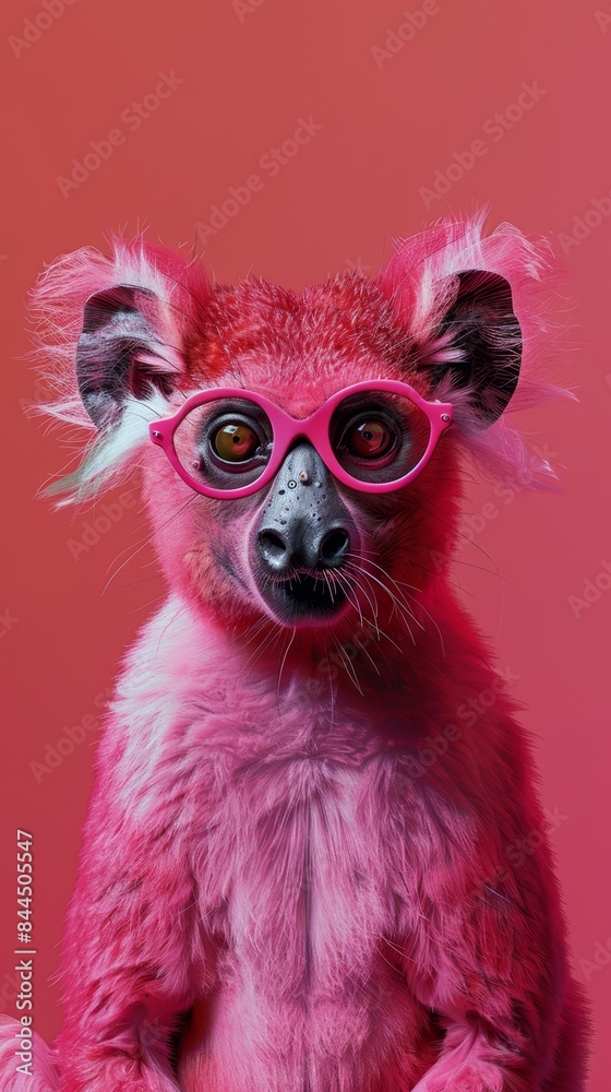 Fototapeta premium a pink lemur wearing sunglasses and a pink hat