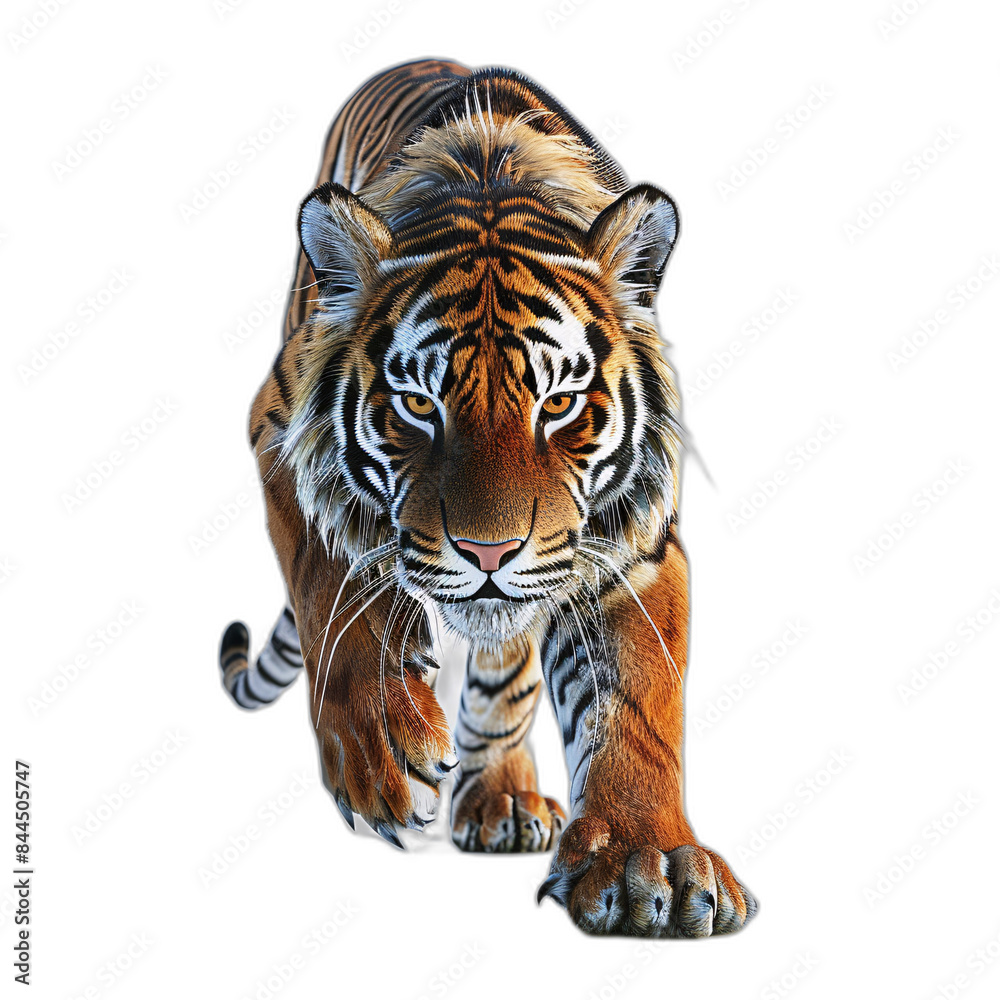Obraz premium A realistic 3D tiger with striped fur and sharp eyes, prowling on a white background