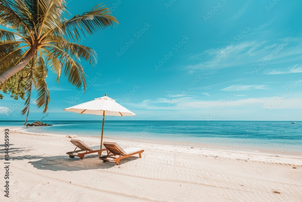 Sunny tropical beach scene with two lounge chairs under an umbrella and a palm tree by the sea. Calm, clear blue sky. Ideal for travel, vacation, and paradise concepts. Generative AI