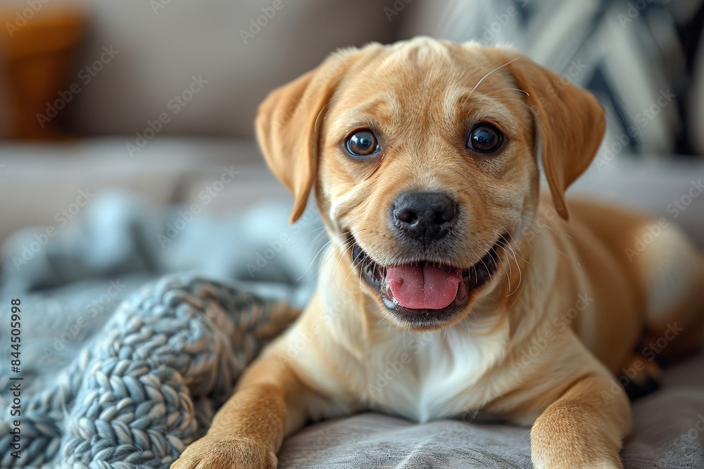 Cute puppy relaxing on blanket