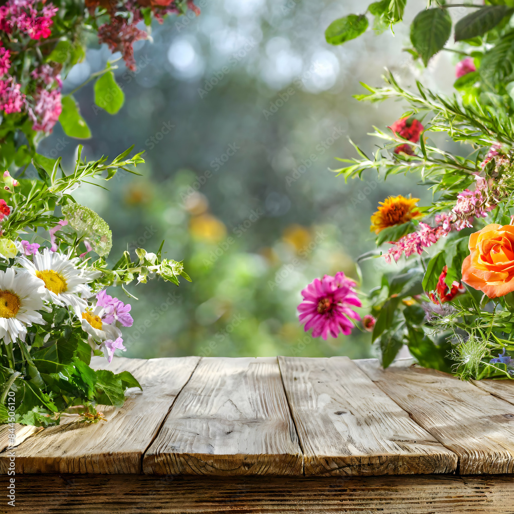 flowers on wooden table.A clean wooden desk with free space, surrounded by summer greenery and vibrant flowers. flowers on wooden table.A clean wooden desk with free space, surrounded by summer greenery and vibrant flowers.