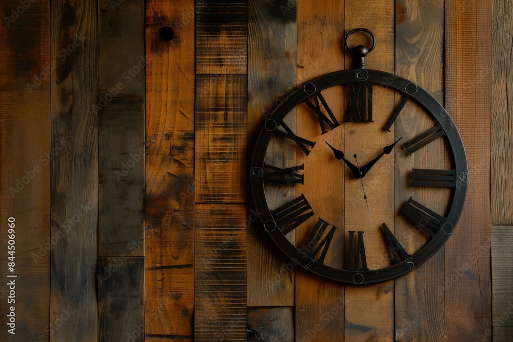 Obraz premium Classic black wooden wall clock adds a timeless touch to the rustic dark wood panel backdrop with ambient lighting