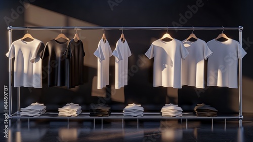 A studio setup showcasing a row of blank t-shirts arranged on sleek clothing racks, with professional lighting casting soft shadows to enhance their visual appeal.