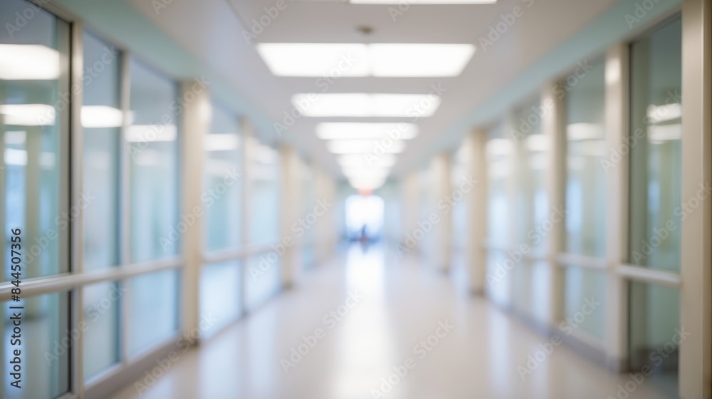 Blur image background of hospital clinic corridor empty hallway glass window ceiling door healthcare