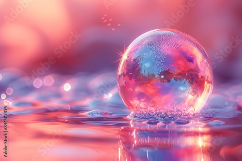 Iridescent water bubble floating on surface