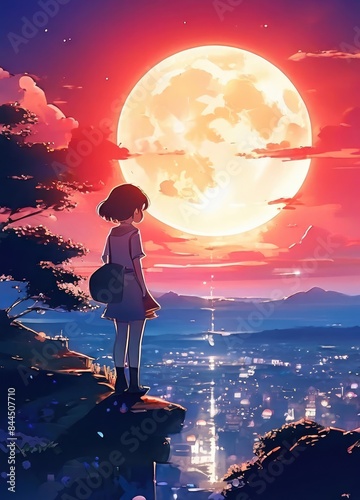 illustration of a lone person at night by moonlight in anime and cartoon style.