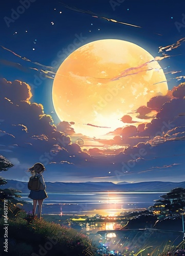 illustration of a lone person at night by moonlight in anime and cartoon style.