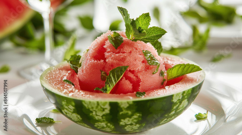 A refreshing watermelon sorbet served in a hollowed-out watermelon shell, garnished with mint photo