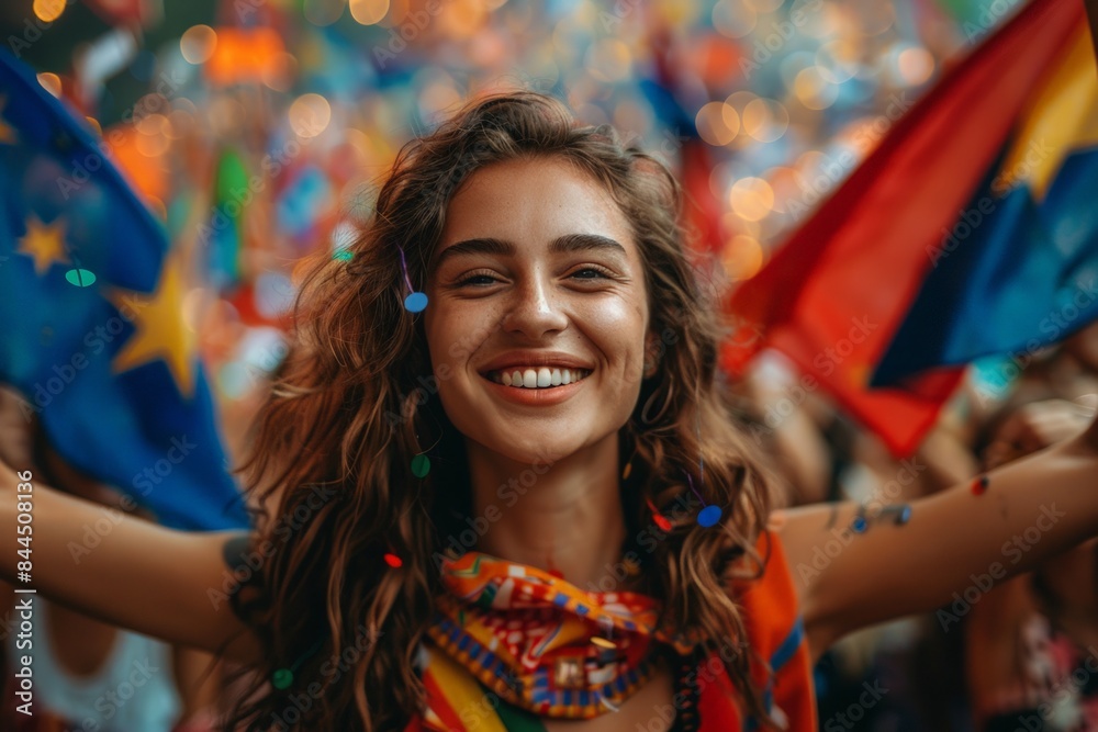Young woman waving flags at music festival Young woman waving flags at music festival