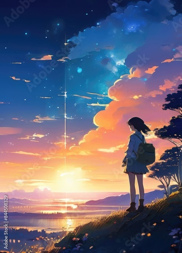 illustration of a lone person at night by moonlight in anime and cartoon style.