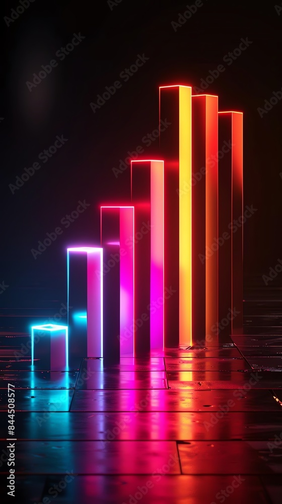 3D Bar Graph Showing Sudden Decline A bar graph with one bar significantly lower, illuminated to emphasize the decrease