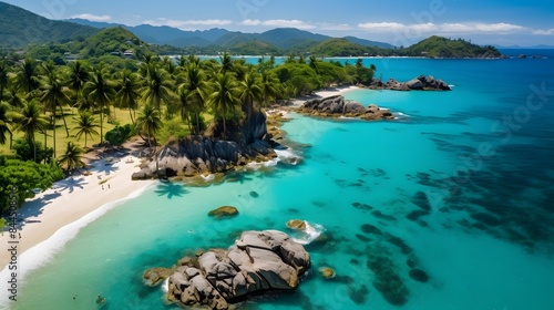 Aerial panoramic view of the beautiful beach with turquoise water