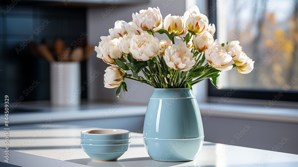 White peonies in ceramic vase in the modern style kitchen White peonies in ceramic vase in the modern style kitchen