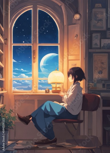 illustration of a lone person at night by moonlight in anime and cartoon style.