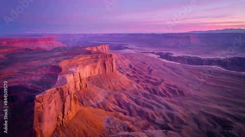 A stunning aerial view of a desert canyon at dawn  with the first light of morning painting the rugged landscape in shades of pink and purple.