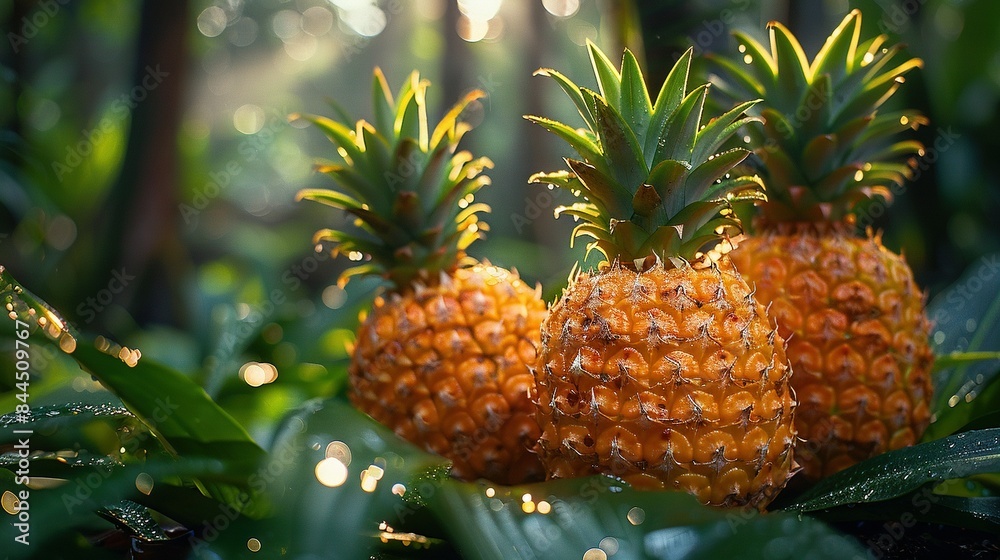 A few pineapples rest atop a verdant field of trees, adorned with dewy droplets A few pineapples rest atop a verdant field of trees, adorned with dewy droplets