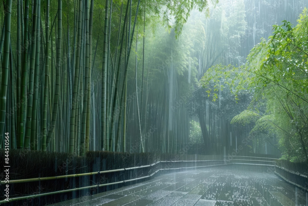 Obraz premium Serene bamboo forest with rain shower, creating a tranquil and lush green scenery. Ideal for nature and tranquility themes.