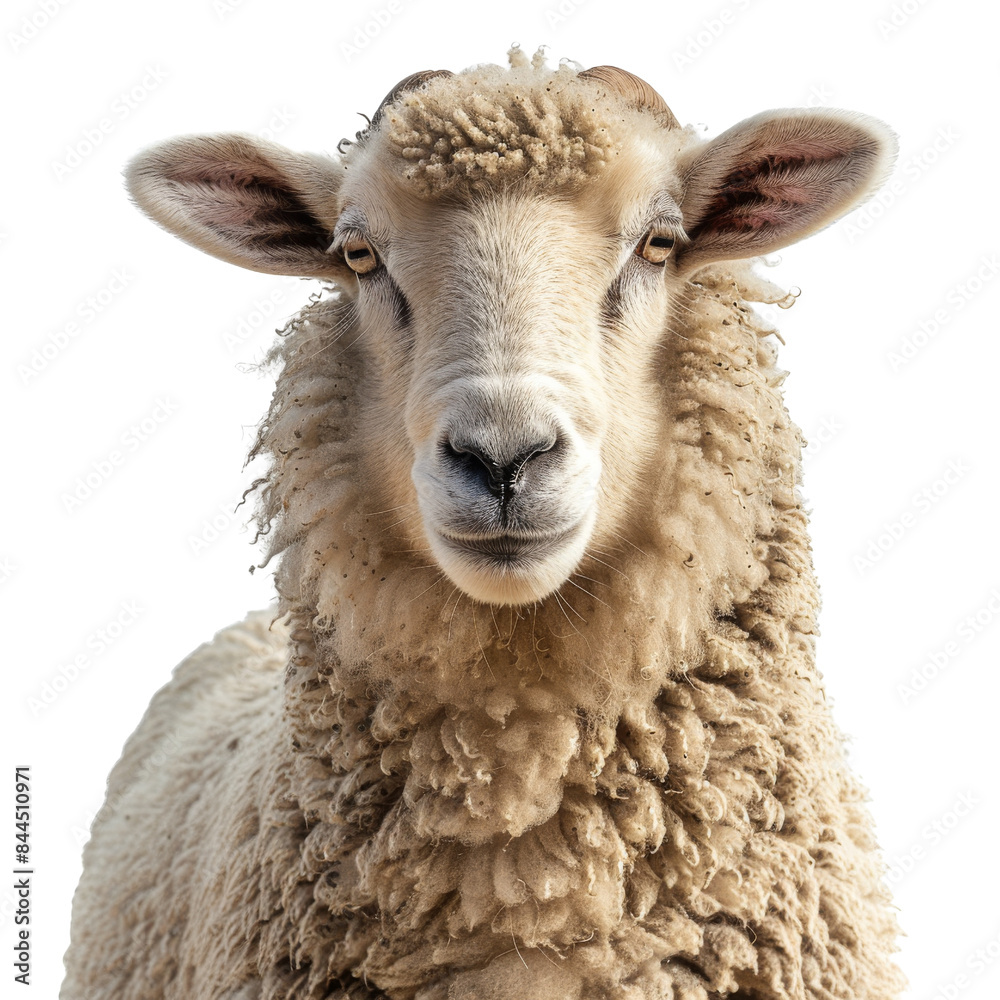 Close-up of a fluffy sheep with detailed wool, looking at the camera. Isolated on transparent background.