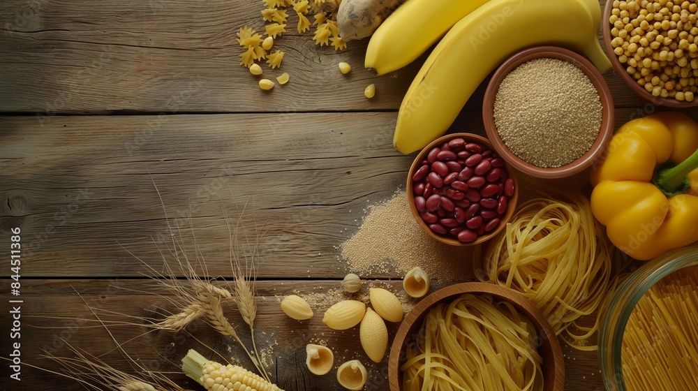 Wooden table with carbon food. A free copy space for text. corn, beans, bananas, wheat Wooden table with carbon food. A free copy space for text. corn, beans, bananas, wheat
