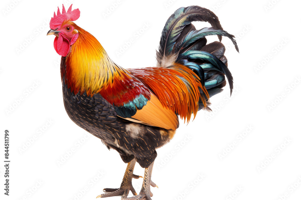Fototapeta premium Colorful rooster standing on white background, showcasing vibrant feathers and striking plumage. Perfect for agricultural or farm-themed projects.