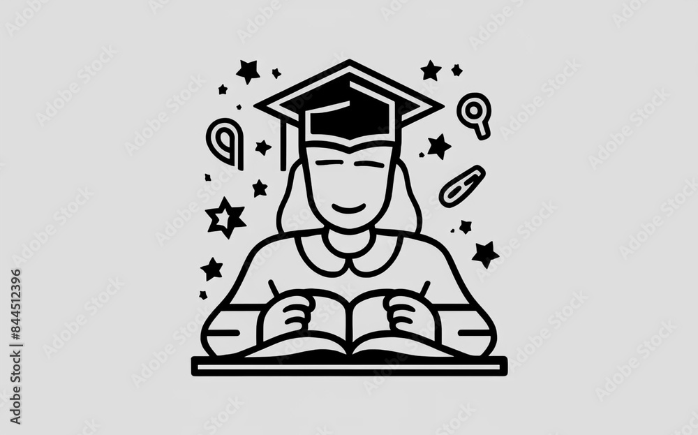A black and white illustration of a woman wearing a graduation cap, symbolizing academic achievement. A black and white illustration of a woman wearing a graduation cap, symbolizing academic achievement.