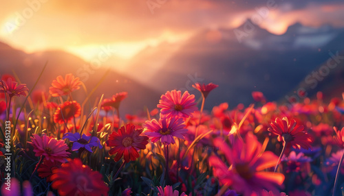 A field of vibrant red and purple daisies, with mountains in the background, bathed in golden sunlight.