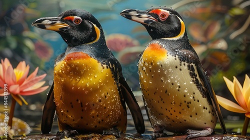   A pair of penguins stand together atop a field of water lilies, beneath a clear blue sky