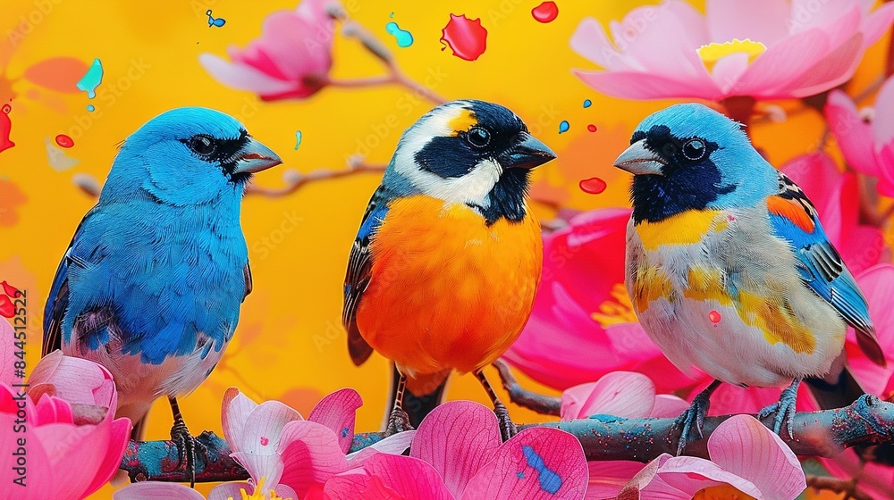 Obraz premium A flock of birds perched atop a blooming tree against a yellow backdrop