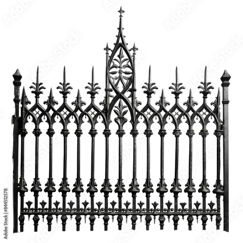 Elegant black wrought iron fence with ornate, intricate design, perfect for garden, residential or park settings, providing boundary and security.